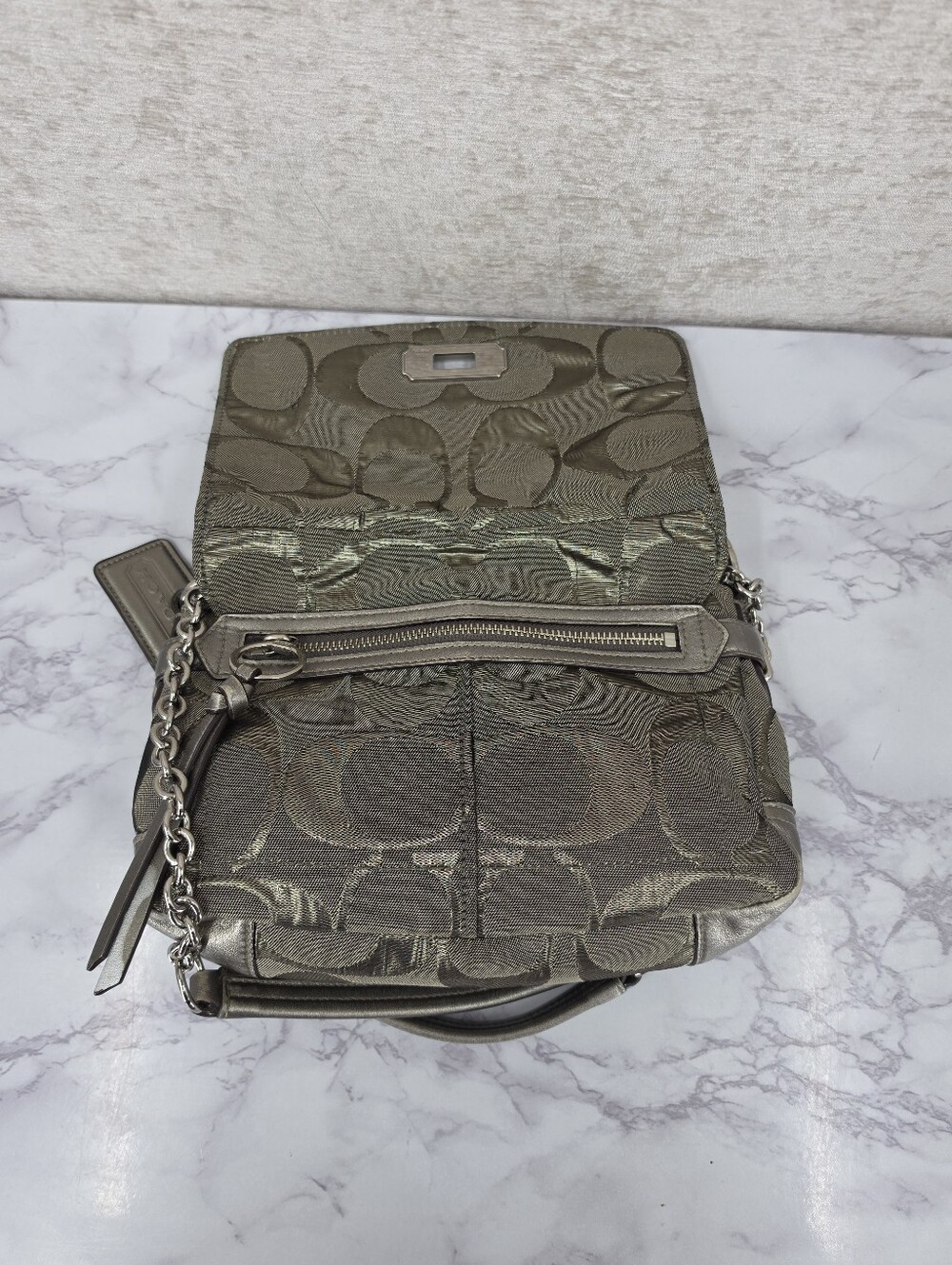 Coach Signature Canvas Jacquard Shoulder Bag in Metallic Pewter Chain Straps - Picture 5 of 16